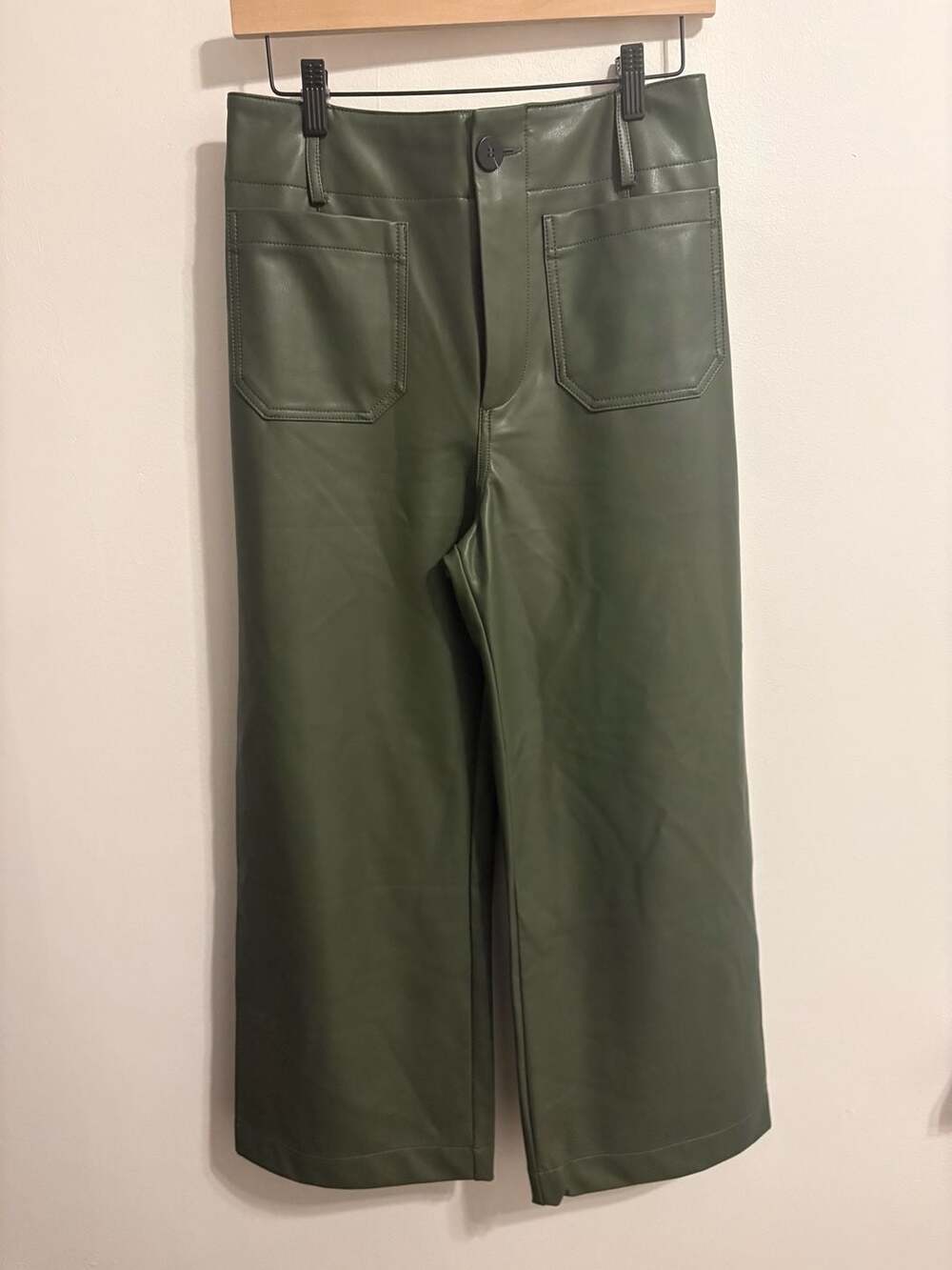 Maeve The Colette Faux Leather Wide-Leg Pants Olive Green Size 28 - Picture 2 of 7